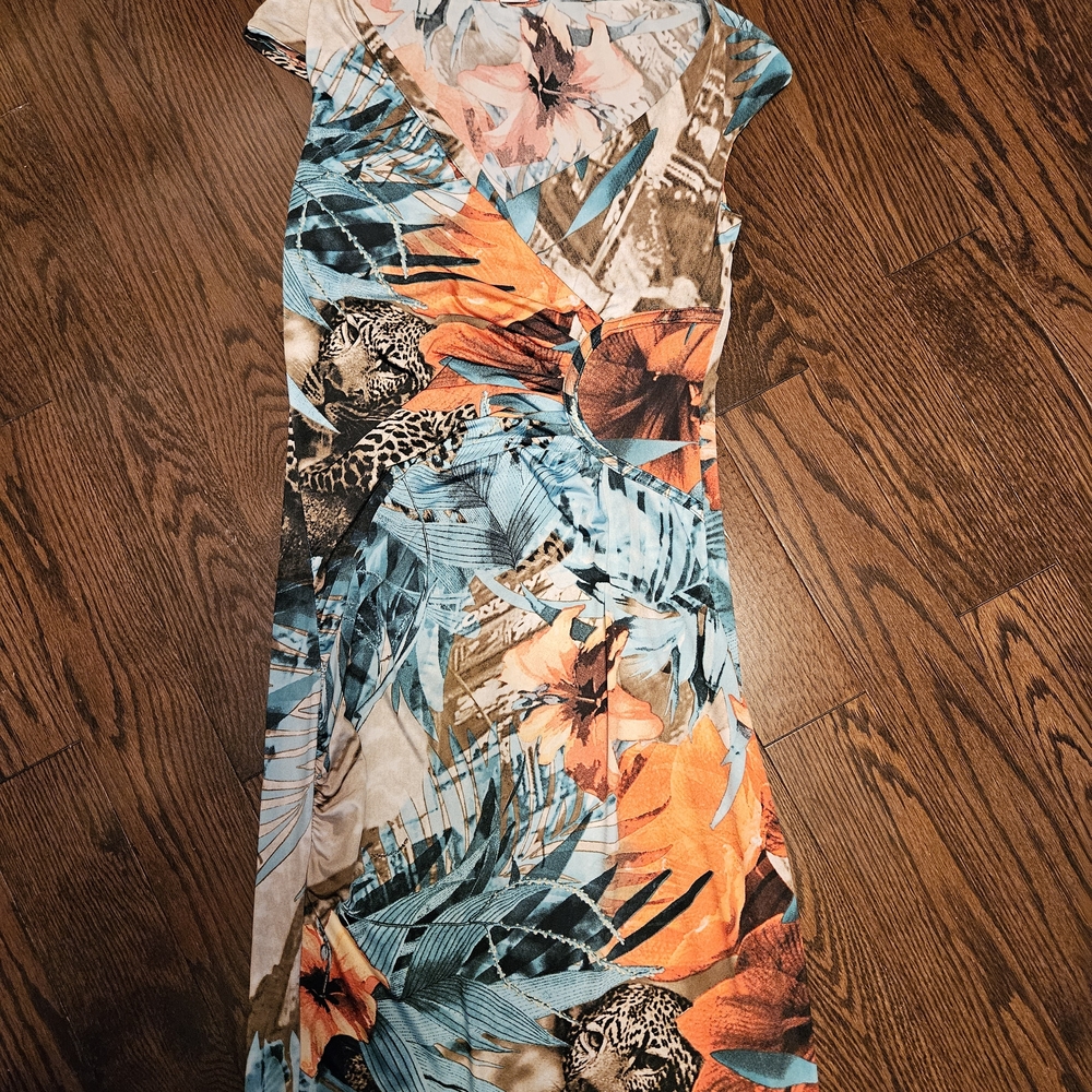 Orange and Blue Wrap Midi Dress with Cap Sleeves